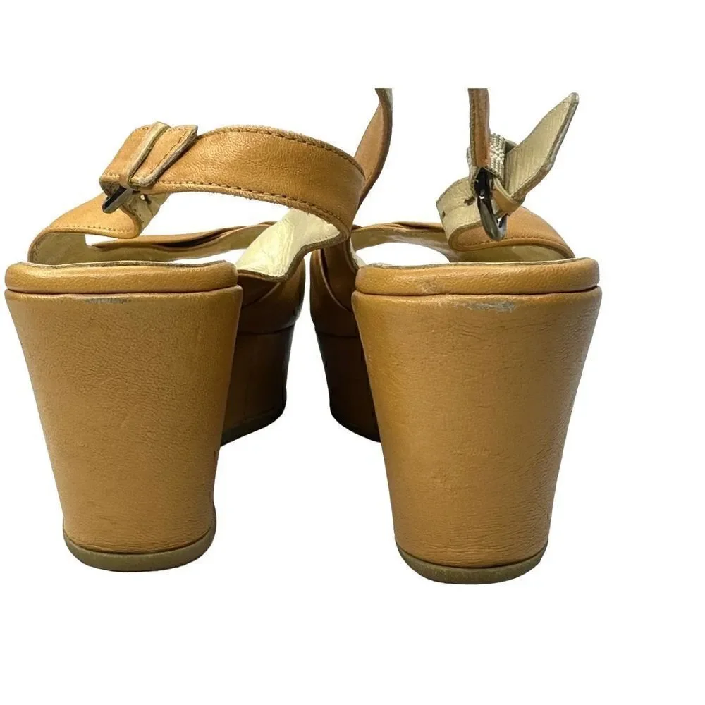 Butter Italy Light Camel Wedge Platform Peep Toe Slingback Size 9.5